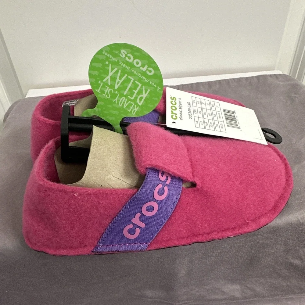 Crocs Kids Size 13 Classic Slippers Candy Pink Fuzzy House Shoes Relaxed Fit